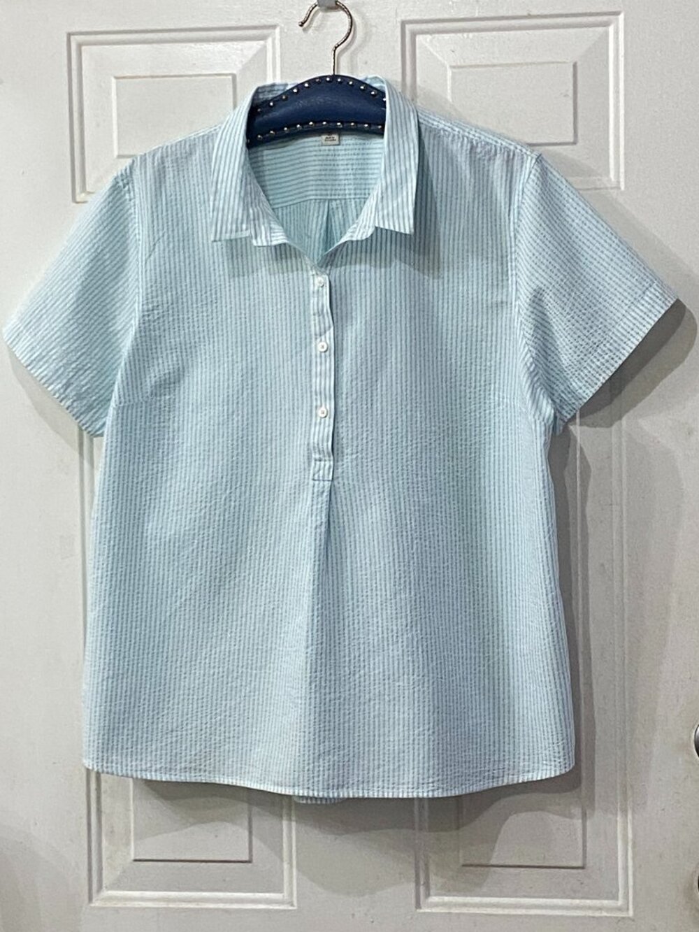 L.L. Bean Sz XL Seersucker Blouse Popover Short Sleeve White/Turquoise Striped